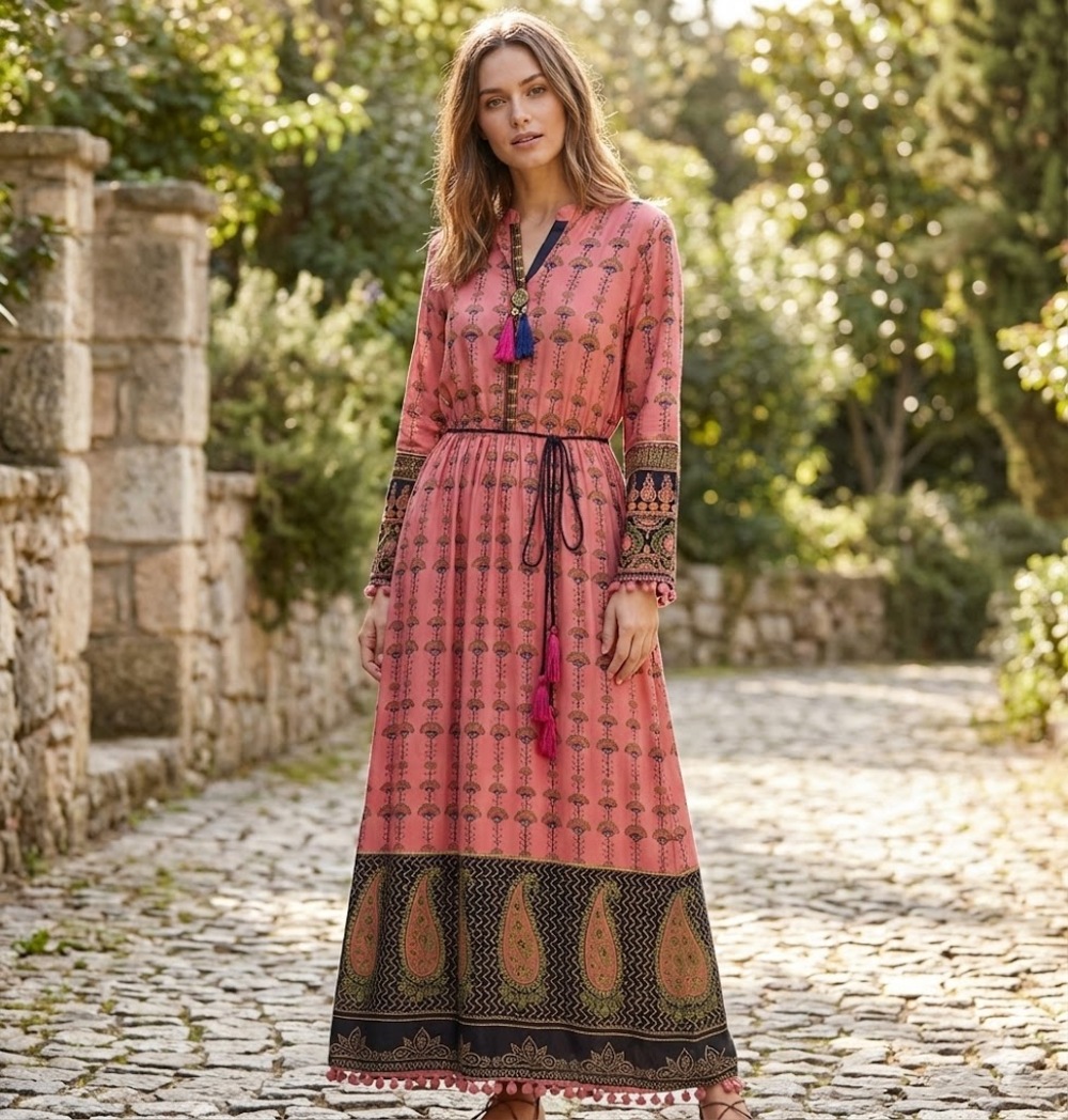 Vintage Pink Floral Embroidered Boho Maxi Dress Whimsigoth Large